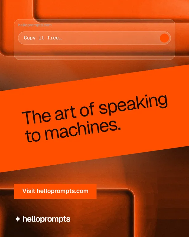 Instagram portrait post for HelloPrompts: "The art of speaking to machines." Swiss style, diagonal layout, dark palette in orange.