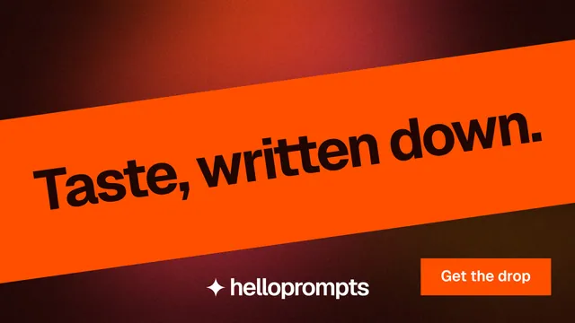 Landscape graphic for HelloPrompts: "Taste, written down." Swiss style, diagonal layout, dark palette in orange, black, red.