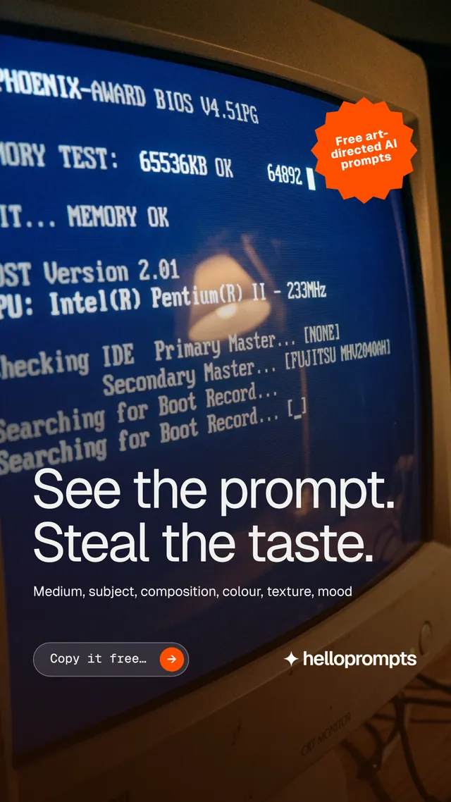 Instagram story for HelloPrompts: "See the prompt. Steal the taste." Agentic glass style, sticker layout, dark palette in black, blue, grey.
