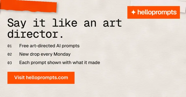 Social ad for HelloPrompts: "Say it like an art director." Swiss style, numbered layout, light palette in orange.
