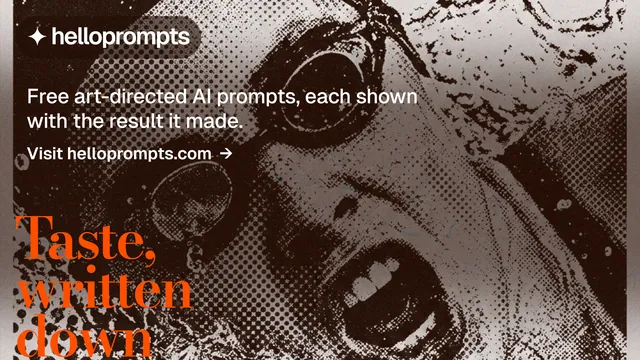 Landscape graphic for HelloPrompts: "Taste, written down." Minimal luxury style, oversized layout, dark palette in black, grey, orange.