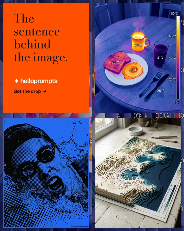 Instagram portrait post for HelloPrompts: "The sentence behind the image." Minimal luxury style, collage layout, dark palette in blue, red, grey.