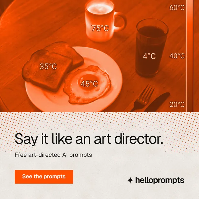 Instagram post for HelloPrompts: "Say it like an art director." Swiss style, bottom layout, light palette in orange.