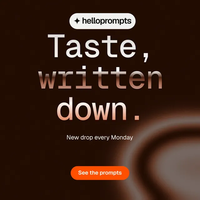 Instagram post for HelloPrompts: "Taste, written down." Y2K style, centred layout, dark palette in black, orange.