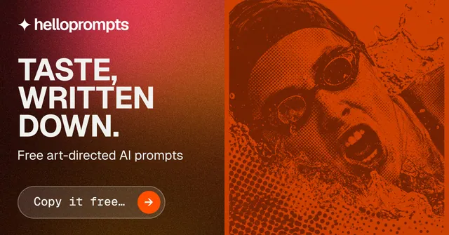 Social ad for HelloPrompts: "Taste, written down." Agentic glass style, bottom layout, dark palette in orange, red.