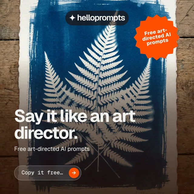 Instagram post for HelloPrompts: "Say it like an art director." Agentic glass style, sticker layout, dark palette in orange, blue, grey.