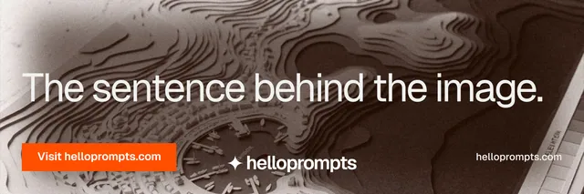X header for HelloPrompts: "The sentence behind the image." Swiss style, poster layout, dark palette in orange, grey.