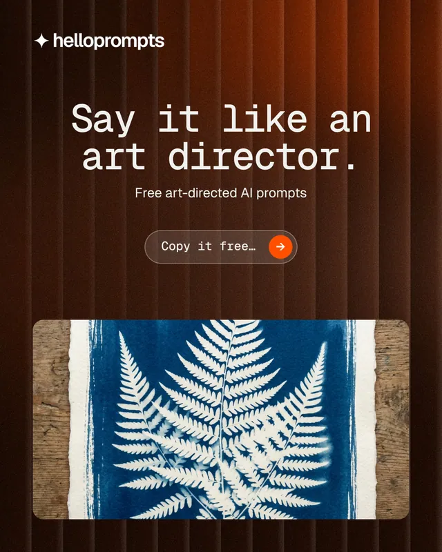 Instagram portrait post for HelloPrompts: "Say it like an art director." Agentic glass style, centred layout, dark palette in orange, black, grey.