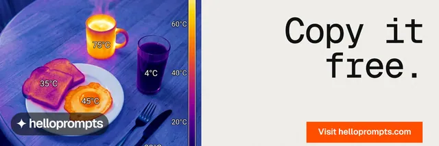 X header for HelloPrompts: "Copy it free." Swiss style, right layout, light palette in white, grey, purple.