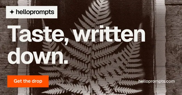 Social ad for HelloPrompts: "Taste, written down." Swiss style, poster layout, dark palette in orange, black, grey.