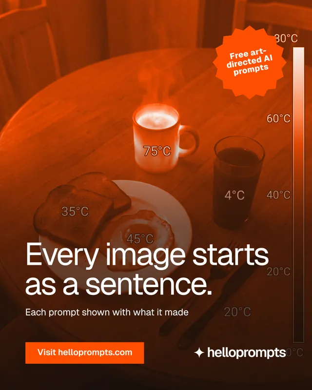 Instagram portrait post for HelloPrompts: "Every image starts as a sentence." Retro print style, sticker layout, dark palette in black, orange, brown.