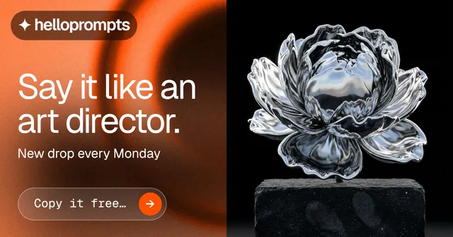 Social ad for HelloPrompts: "Say it like an art director." Agentic glass style, bottom layout, dark palette in black, orange, grey.