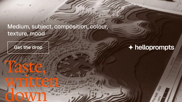 Landscape graphic for HelloPrompts: "See the prompt. Steal the taste." Editorial style, oversized layout, dark palette in orange, grey.