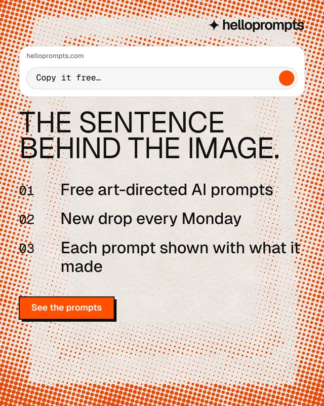 Instagram portrait post for HelloPrompts: "The sentence behind the image." Brutalist style, numbered layout, light palette in orange, white.