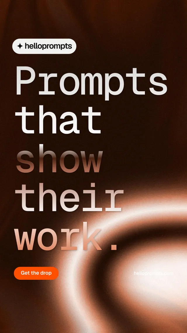 Instagram story for HelloPrompts: "Prompts that show their work." Y2K style, poster layout, dark palette in orange, black.