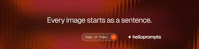 LinkedIn banner for HelloPrompts: "Every image starts as a sentence." Agentic glass style, centred layout, dark palette in red, black.