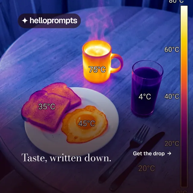 Instagram post for HelloPrompts: "Taste, written down." Minimal luxury style, image led layout, dark palette in blue, purple, grey.