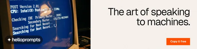 LinkedIn banner for HelloPrompts: "The art of speaking to machines." Swiss style, right layout, light palette in white, blue, grey.