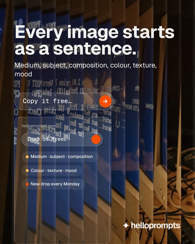 Instagram portrait post for HelloPrompts: "Every image starts as a sentence." Agentic glass style, skeleton layout, dark palette in black, grey, blue.