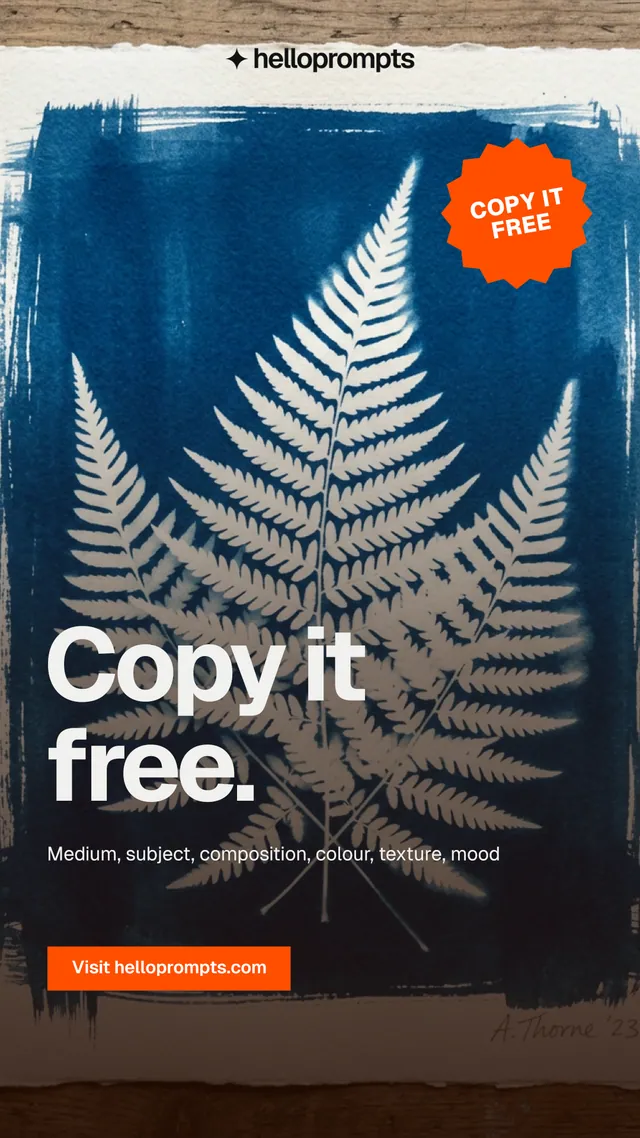 Instagram story for HelloPrompts: "Copy it free." Swiss style, sticker layout, dark palette in grey, blue, black.