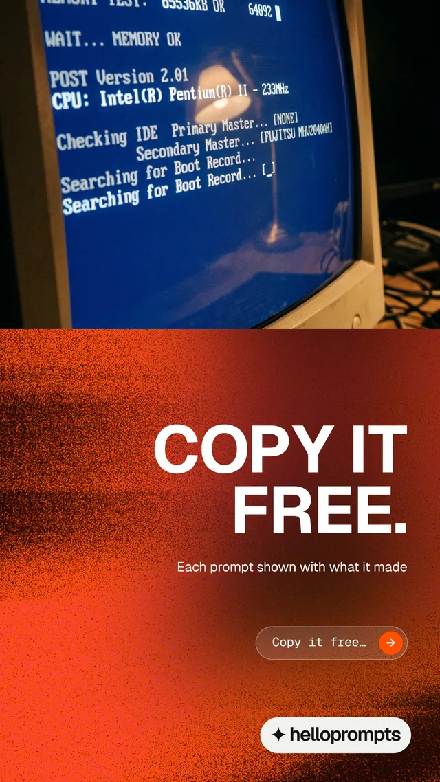 Instagram story for HelloPrompts: "Copy it free." Agentic glass style, right layout, dark palette in blue, red, grey.