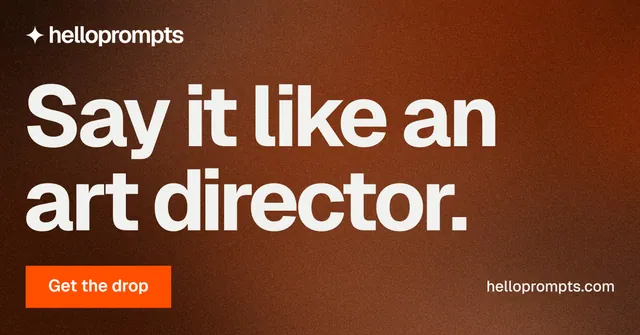 Social ad for HelloPrompts: "Say it like an art director." Swiss style, poster layout, dark palette in orange, brown.
