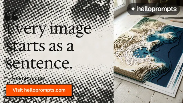 Landscape graphic for HelloPrompts: "Every image starts as a sentence." Brutalist style, quote layout, light palette in grey, white.
