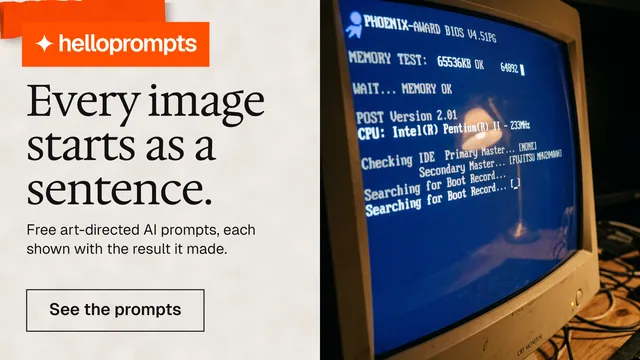 Landscape graphic for HelloPrompts: "Every image starts as a sentence." Editorial style, bottom layout, light palette in blue, orange, grey.