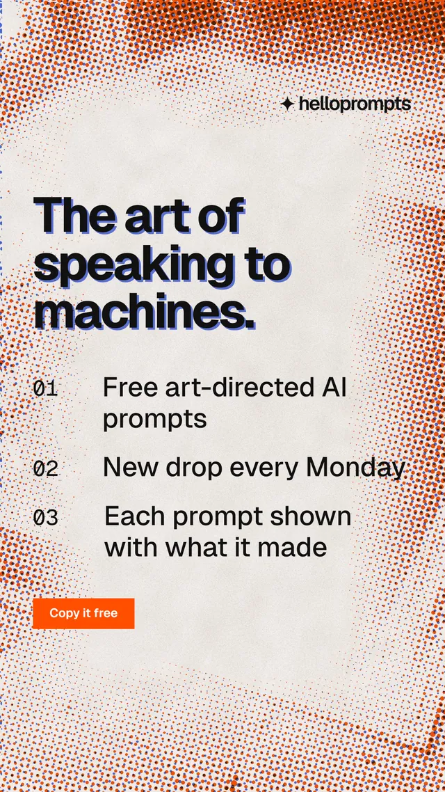 Instagram story for HelloPrompts: "The art of speaking to machines." Swiss style, numbered layout, light palette in red, orange.