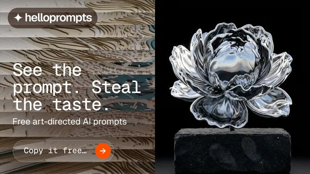 Landscape graphic for HelloPrompts: "See the prompt. Steal the taste." Agentic glass style, bottom layout, dark palette in black, grey.