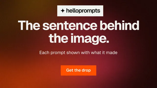 Landscape graphic for HelloPrompts: "The sentence behind the image." Swiss style, centred layout, dark palette in red, black, grey.