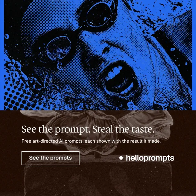 Instagram post for HelloPrompts: "See the prompt. Steal the taste." Editorial style, bottom layout, dark palette in black, blue.