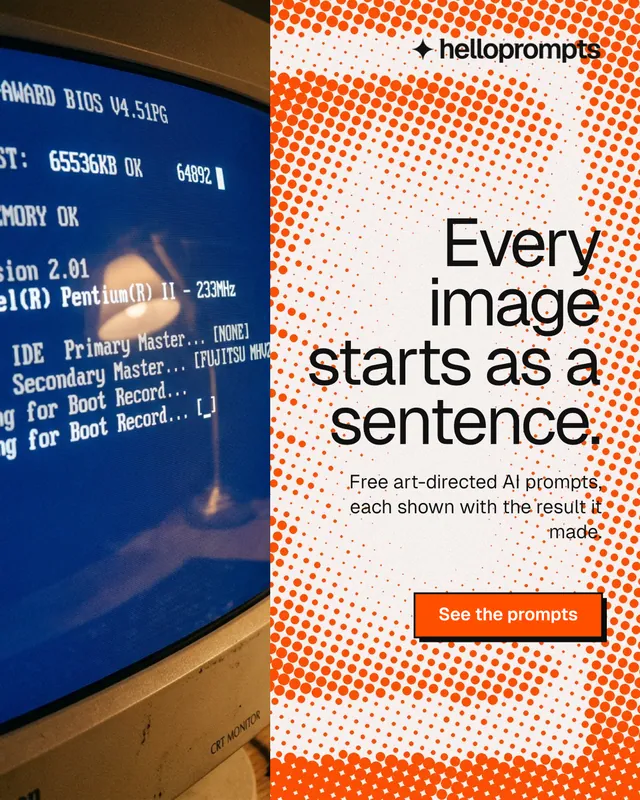 Instagram portrait post for HelloPrompts: "Every image starts as a sentence." Brutalist style, right layout, light palette in blue, orange, brown.