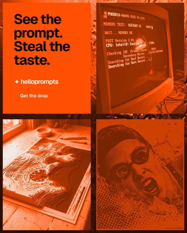 Instagram portrait post for HelloPrompts: "See the prompt. Steal the taste." Swiss style, collage layout, dark palette in orange.
