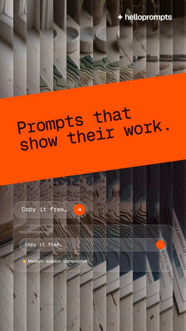 Instagram story for HelloPrompts: "Prompts that show their work." Agentic glass style, diagonal layout, dark palette in grey, black, orange.