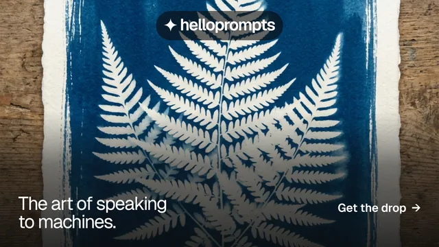 Landscape graphic for HelloPrompts: "The art of speaking to machines." Swiss style, image led layout, dark palette in blue, grey, white.