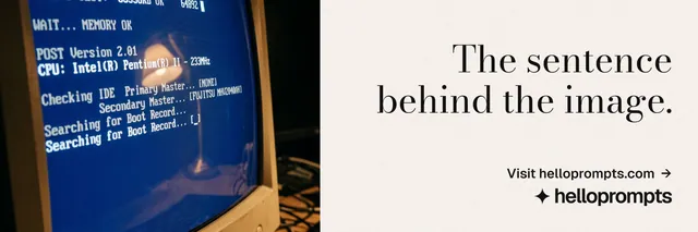 X header for HelloPrompts: "The sentence behind the image." Minimal luxury style, right layout, light palette in white, blue, grey.