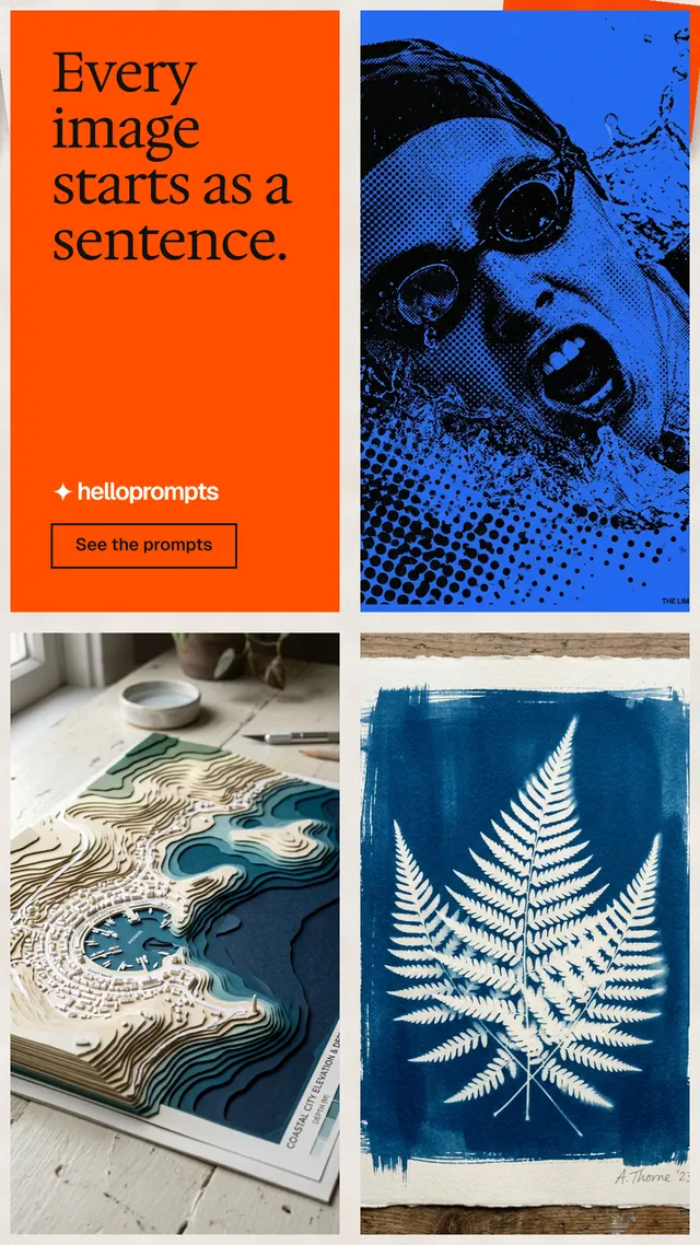 Instagram story for HelloPrompts: "Every image starts as a sentence." Editorial style, collage layout, light palette in blue, orange, grey.