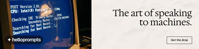 LinkedIn banner for HelloPrompts: "The art of speaking to machines." Editorial style, right layout, light palette in blue, white, grey.