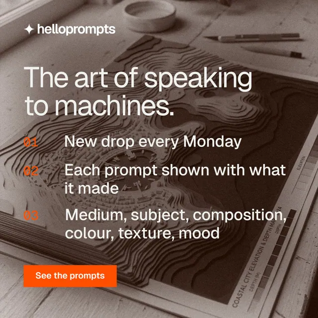 Instagram post for HelloPrompts: "The art of speaking to machines." Swiss style, numbered layout, dark palette in orange, grey.