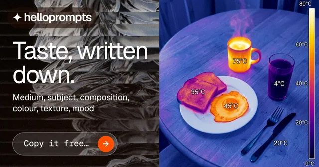 Social ad for HelloPrompts: "Taste, written down." Agentic glass style, bottom layout, dark palette in blue, purple, grey.