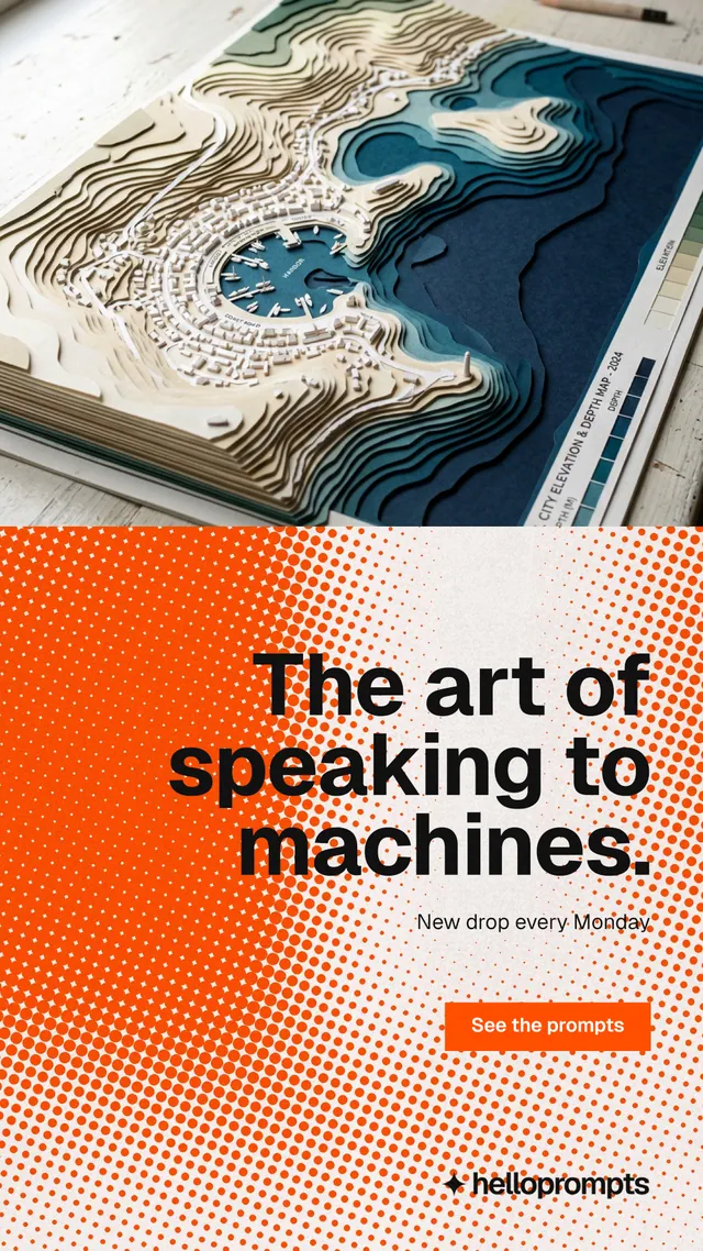 Instagram story for HelloPrompts: "The art of speaking to machines." Swiss style, right layout, light palette in brown, orange, white.