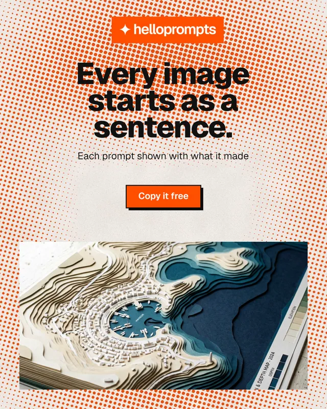 Instagram portrait post for HelloPrompts: "Every image starts as a sentence." Brutalist style, centred layout, light palette in orange, grey.