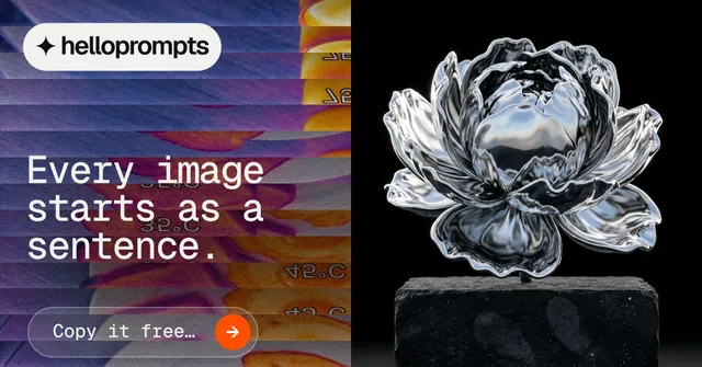 Social ad for HelloPrompts: "Every image starts as a sentence." Agentic glass style, bottom layout, dark palette in black, grey, pink.