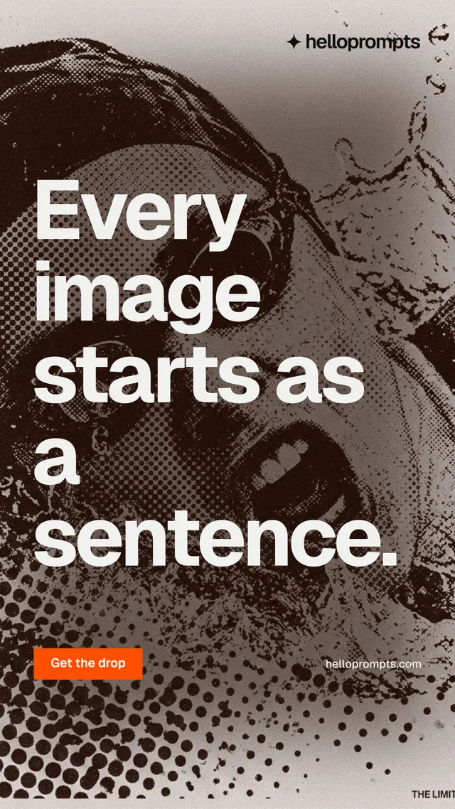 Instagram story for HelloPrompts: "Every image starts as a sentence." Swiss style, poster layout, dark palette in orange, grey, white.