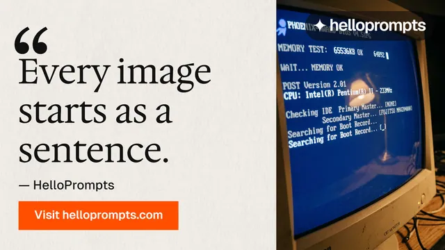 Landscape graphic for HelloPrompts: "Copy it free." Swiss style, quote layout, light palette in yellow, blue, orange.