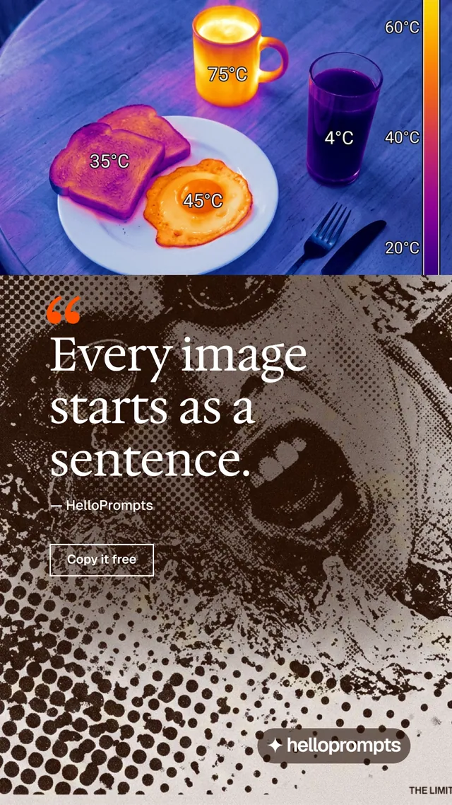 Instagram story for HelloPrompts: "See the prompt. Steal the taste." Editorial style, quote layout, dark palette in grey, blue, red.