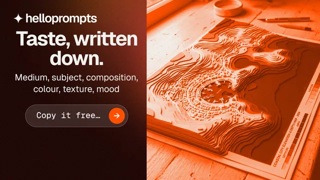 Landscape graphic for HelloPrompts: "Taste, written down." Agentic glass style, skeleton layout, dark palette in black, orange.