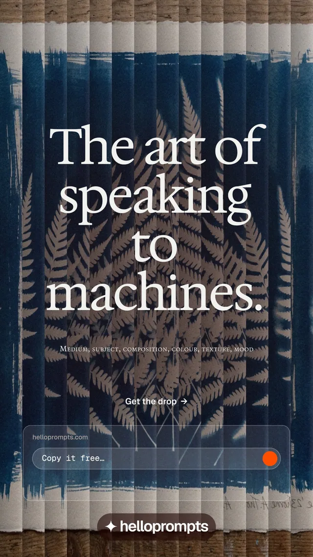 Instagram story for HelloPrompts: "The art of speaking to machines." Agentic glass style, smallcaps layout, dark palette in blue, grey, black.
