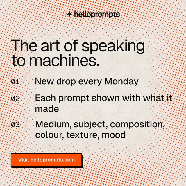 Instagram post for HelloPrompts: "The art of speaking to machines." Brutalist style, numbered layout, light palette in orange.